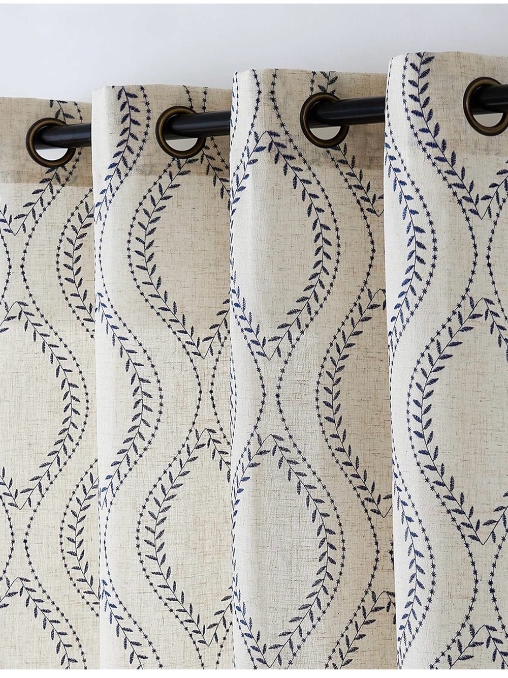 Home Accents Cream Grommet Curtain Panel with Navy Leaf Embroidery